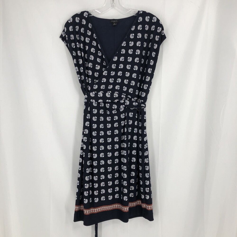 Ann Taylor Womens Navy Blue Seashell Print Faux Wrap Dress Size 10p Nautical Tie